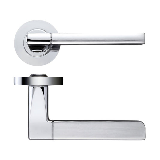 Zoo Hardware Venice Lever - Screw On Rose in a dual finish, featuring a sleek chrome handle with a contemporary design. The unit consists of a round rose and a rectangular, brushed finish lever, showcasing a modern aesthetic.