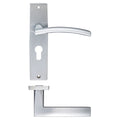 Zoo Hardware Amalfi Lever Euro Lock on backplate measuring 180x43mm, featuring a sleek curved handle and a rectangular backplate in brushed stainless steel finish.