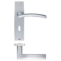 Zoo Hardware Amalfi Lever Lock on Backplate in a sleek stainless steel finish, featuring 57mm centres and a backplate size of 180x43mm, designed for modern door styling with a curved lever and square lower handle.