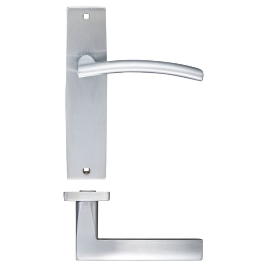 Zoo Hardware Amalfi Lever Latch On Backplate measuring 180x43mm in a brushed stainless steel finish, featuring a curved lever handle and a rectangular backplate design.