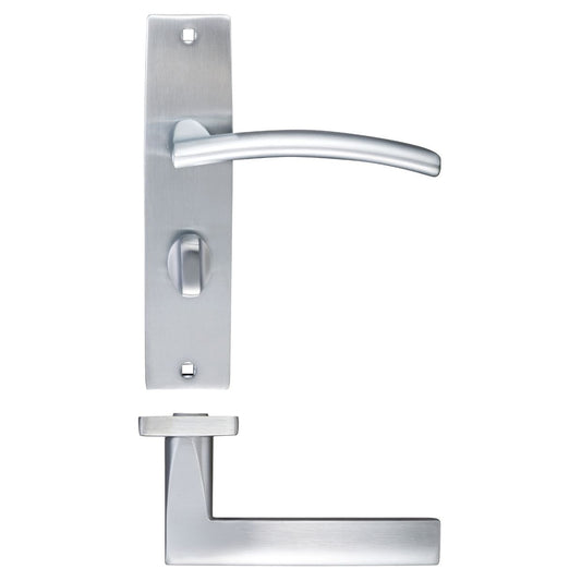 Zoo Hardware Amalfi Lever Bathroom on Backplate, measuring 180x43mm with 57mm centres, features a sleek, curved lever and a square edge backplate in a stainless steel finish.