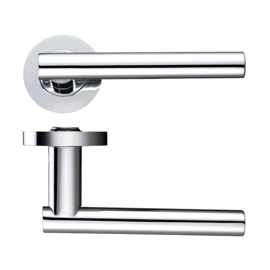 Zoo Hardware Lucca Lever - Screw On Rose in polished chrome finish, featuring a sleek, cylindrical design with a round rose and lever handles.