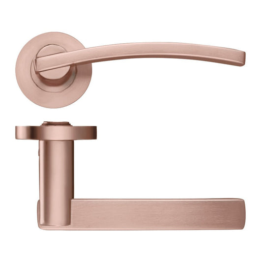 Zoo Hardware Adria Lever on round rose in a brushed rose gold finish, featuring a sleek curved handle and rectangular lever design, suitable for doors.