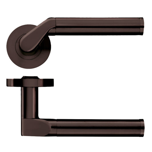 Zoo Hardware Venus lever on round rose in a dark bronze finish, featuring a sleek lever design and a circular rose, suitable for various interior doors.