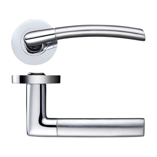 Zoo Hardware Olympus lever on round rose in polished chrome finish, featuring a sleek curved lever handle and a round backplate, designed for door installations.