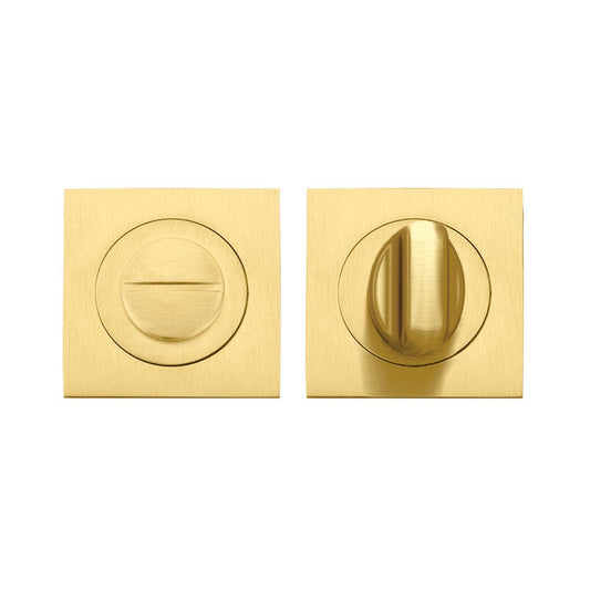 Zoo Hardware Turn & Release - on Square rose in brushed brass finish, featuring a round turn mechanism and a slim square plate design.