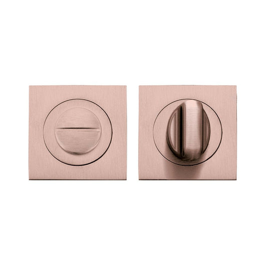 Zoo Hardware Turn & Release on Square rose in brushed bronze finish, featuring a round turn mechanism on a square mounting plate for added security and privacy.