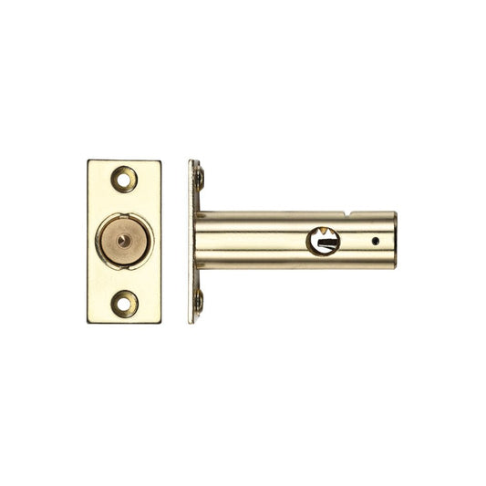 Zoo Hardware Rack Bolt 61mm in a polished brass finish, featuring a rectangular faceplate with two screw holes and a cylindrical bolt mechanism for secure locking.