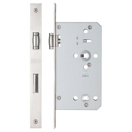 Zoo Hardware Roller Din Bathroom lock with 78mm centres and a 60mm backset, featuring a stainless steel faceplate and bolt mechanism for durability.