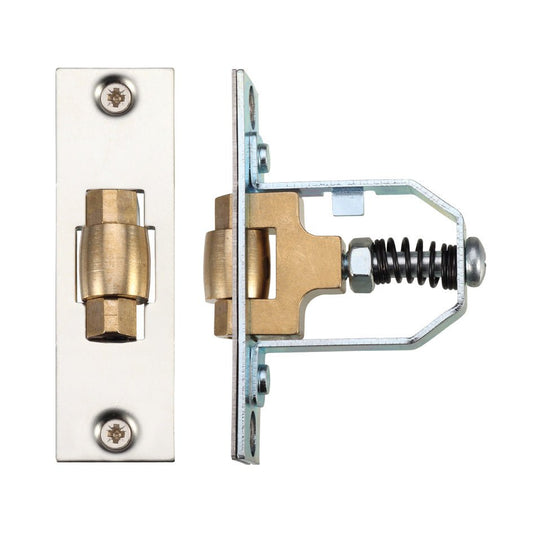 Zoo Hardware Adjustable Roller Latch in silver finish, featuring a brass mechanism with a spring-loaded bolt and a rectangular strike plate. The latch is designed for secure door closure.