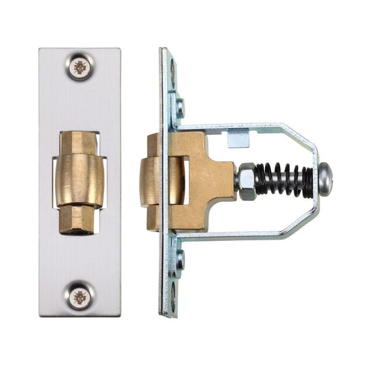 Zoo Hardware Adjustable Roller Latch with a stainless steel finish housing and a brass mechanism. The latch features a spring-loaded design for secure closure.