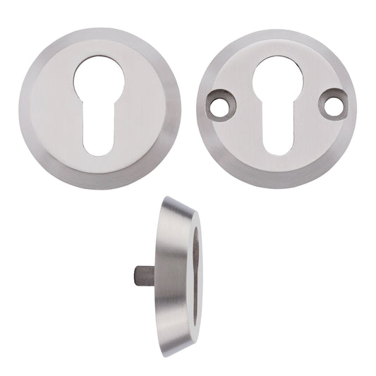 Zoo Hardware Anti-Ligature Escutcheon in satin stainless steel, featuring a Euro profile design with a keyhole opening. The set includes a Torx bolt and two circular escutcheon plates for enhanced security.