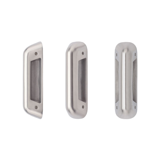 Zoo Hardware Satin Stainless Steel Anti-Ligature Pull Handle with 100mm centers and a total length of 150mm, featuring a smooth, brushed metallic finish and a recessed grip design.