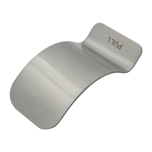 Zoo Hardware Hands-Free Pull Bolt Fixed in satin stainless steel featuring a pressed body design with a visible 'PULL' label for easy operation.