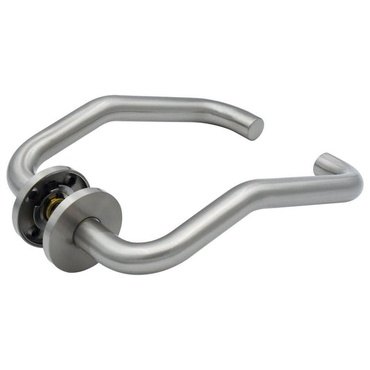 Zoo Hardware Anti Germ Cranked RTD Lever on a 6.5mm rose featuring a modern stainless steel finish, designed for durability and hygiene with a sleek, curved lever design.