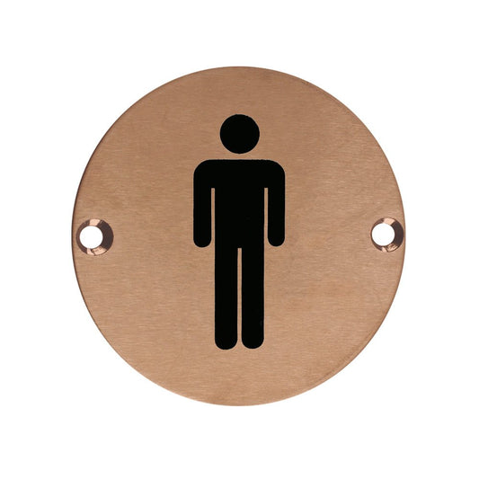 Zoo Hardware Male Symbol Sign in circular design with a bronze finish, featuring a simplified black male figure. The sign includes two mounting holes for easy installation.