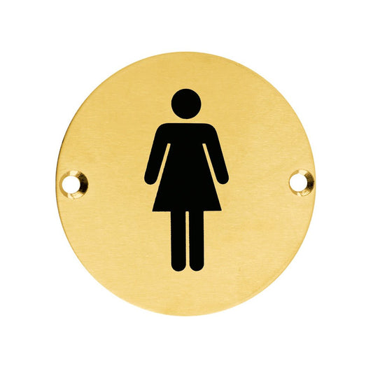 Zoo Hardware Female Symbol Sign in a circular brass design, featuring a black silhouette of a woman wearing a dress, with two mounting holes for installation.