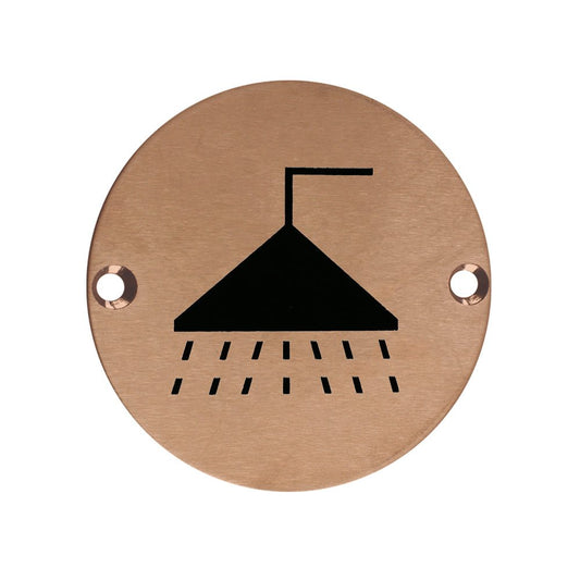 Zoo Hardware Shower Sign in a circular shape with a brushed copper finish featuring a black showerhead icon and water droplets, designed for clear visibility and easy identification.