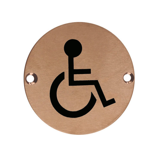 Zoo Hardware Disabled Symbol Sign in a round shape, featuring a black wheelchair symbol on a brushed bronze background with two mounting holes.