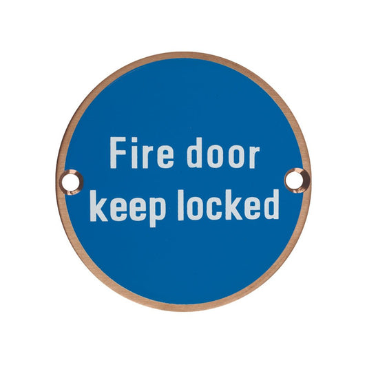 Zoo Hardware Fire Door Keep Locked Sign, circular design in blue with white text, featuring two holes for mounting.