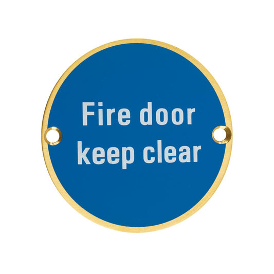 Zoo Hardware Fire Door Keep Clear Sign in circular shape with a blue background and white text, featuring two mounting holes for installation.