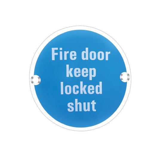 Zoo Hardware Fire Door Keep Locked Shut Sign in blue with white text, featuring a circular design and mounting holes for easy installation.