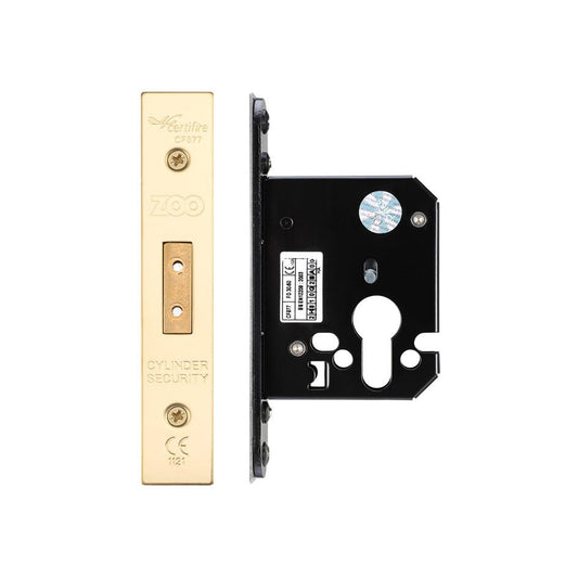 Zoo Hardware Euro Profile Deadlock with a brass faceplate and black locking mechanism, featuring a cylinder security design and multiple mounting holes for installation.