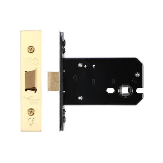 Zoo Hardware Flat Latch in a polished brass finish, featuring a rectangular front plate with a black housing unit, designed for secure door locking.