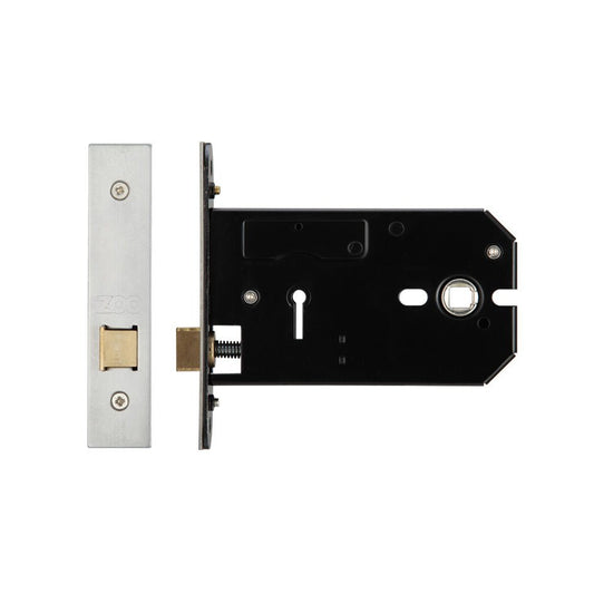 Zoo Hardware Horizontal Latch with a silver stainless steel faceplate and a black metal body, featuring a simple latch mechanism and an opening for a key.
