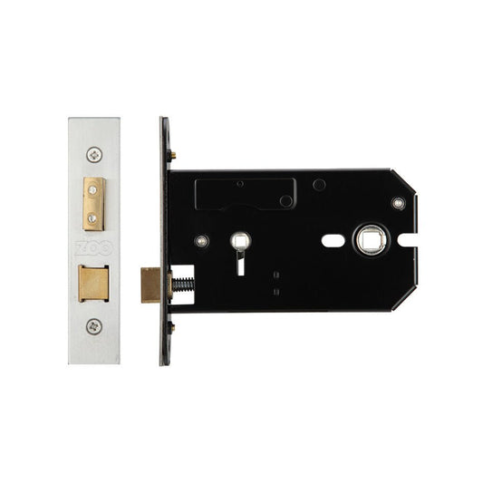 Zoo Hardware Horizontal Lock – Bathroom Version features a black metal body and a stainless steel faceplate with a brass bolt mechanism. The design allows for secure locking, suitable for bathroom doors.