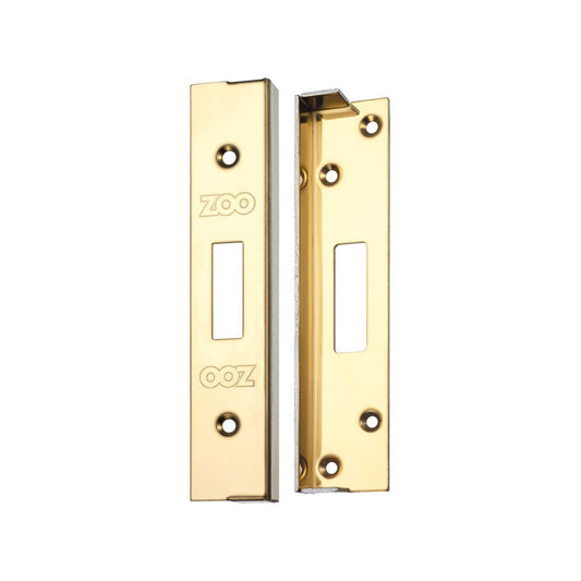 Zoo Hardware Rebate Kit to Suit UK Dead Lock in gold finish, featuring two metal plates with slots for key operation and multiple screw holes for installation.