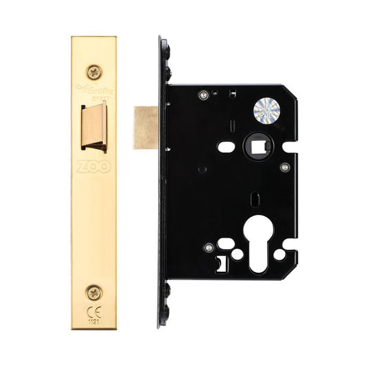 Zoo Hardware Upright Latch in a polished brass finish, featuring a rectangular body and integrated strike plate, with a black backplate showing various mounting holes and a keyhole.