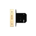 Zoo Hardware 3 Lever Replacement Dead Lock in brass finish with a black steel casing and labeled mechanism, featuring a three-lever system for enhanced security.