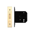 Zoo Hardware 3 Lever Replacement Dead Lock in gold finish with a rectangular brass faceplate and a black metal casing. The lock features three levers and is designed for secure access.