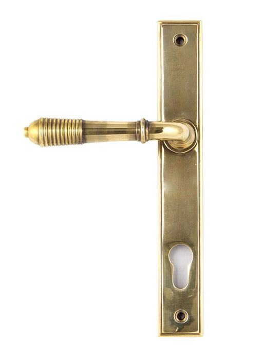 Aged Brass Reeded Slimeline Lever Espag Lock Set.